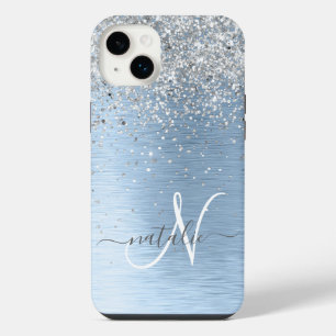 Monogram, Name des blauen, gebürsteten Metalls Sil iPhone 14 Plus Hülle