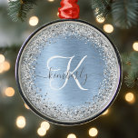 Monogram, Name des blauen, gebürsteten Metalls Sil Ornament Aus Metall<br><div class="desc">Dieses trendige,  schicke Schneeflocken-Design mit gerahmtem Weihnachtsgeschmack und hübschem silberglänzenden Glitzer auf blau gebürstetem metallischem Hintergrund macht es leicht zu personalisieren.</div>