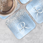 Monogram, Name des blauen, gebürsteten Metalls Sil Rechteckiger Pappuntersetzer<br><div class="desc">Dieses schicke Untersetzer-Design mit hübsch silber glänzenden Glitzer auf blau gebürstetem metallischem Hintergrund ist einfach zu personalisieren.</div>