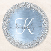 Monogram, Name des blauen, gebürsteten Metalls Sil Runder Pappuntersetzer (Vorderseite)