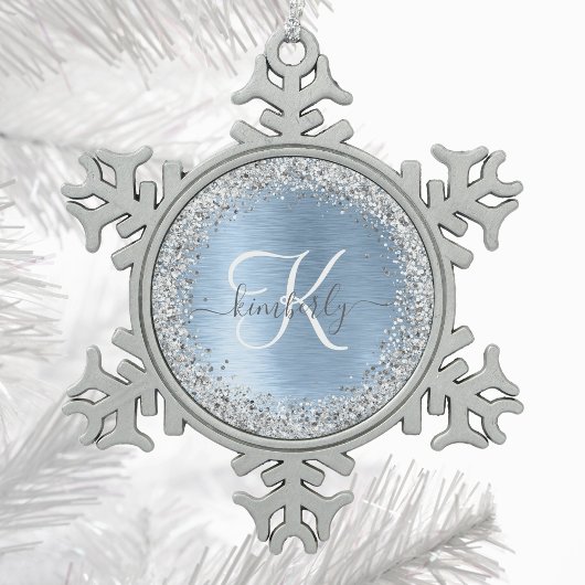 Monogram, Name des blauen, gebürsteten Metalls Sil Schneeflocken Zinn-Ornament