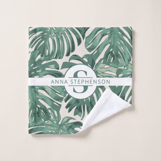 Monogram Name des tropischen Green Palm Blätter Badhandtuch Set (Waschlappen)