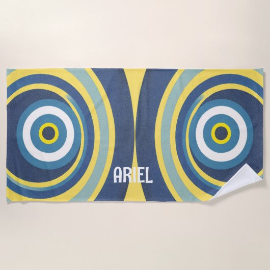 Monogram Name Evil Eye Modern Retro Beach Handtuch (Vorderseite)