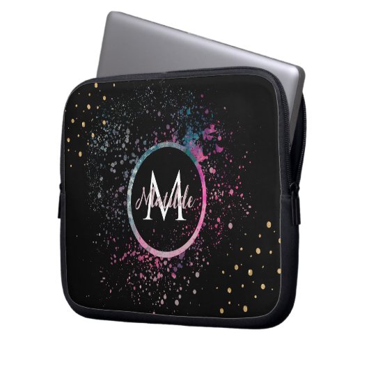 Monogram Name Faux Gold Glitter Girly Glam Black Laptopschutzhülle (Vorderseite Links)