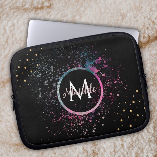 Monogram Name Faux Gold Glitter Girly Glam Black Laptopschutzhülle