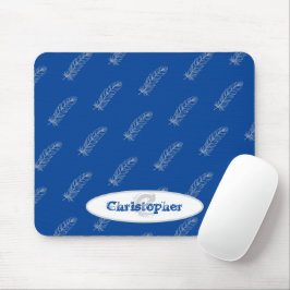 Monogram Name Feathers Muster White Blue Modern Mousepad