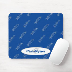 Monogram Name Feathers Muster White Blue Modern Mousepad