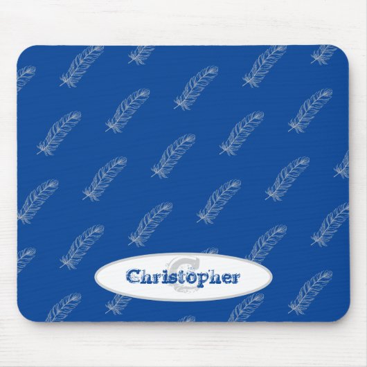 Monogram Name Feathers Muster White Blue Modern Mousepad (Vorne)
