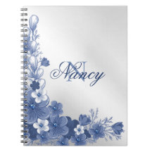 Monogram Name Floral Blue Silver Gray Elegant