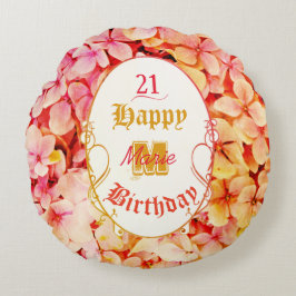 Monogram Name Floral Elegant 21. Happy Birthday Rundes Kissen