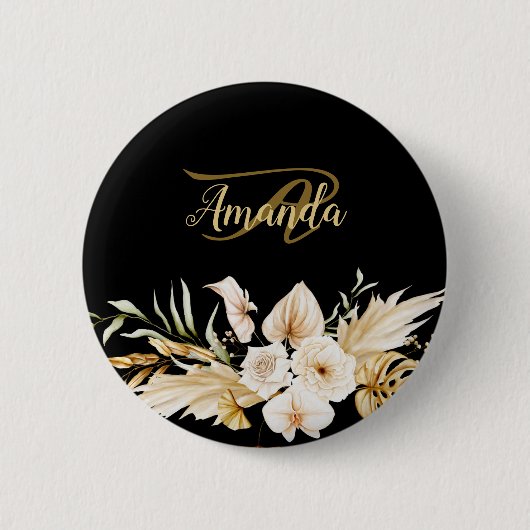 Monogram Name Floral Golden Black Elegant Moderne Button (Vorderseite)