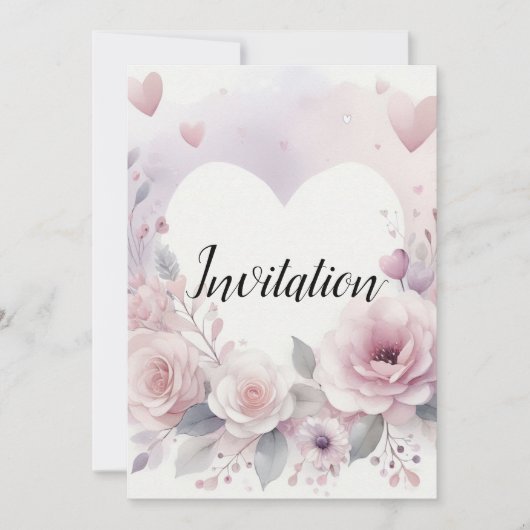 Monogram name floral hearts romantic watercolor einladung (Vorderseite)