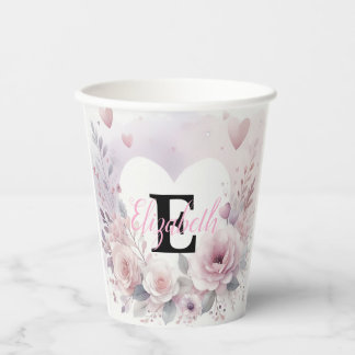 Monogram name floral hearts romantic watercolor pappbecher