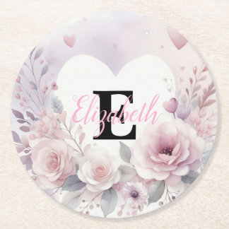 Monogram name floral hearts romantic watercolor runder pappuntersetzer
