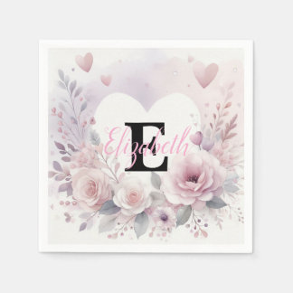 Monogram name floral hearts romantic watercolor serviette