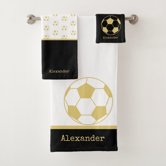 Monogram Name Fußball Gold Schwarz und Weiß Badhandtuch Set (Insitu)
