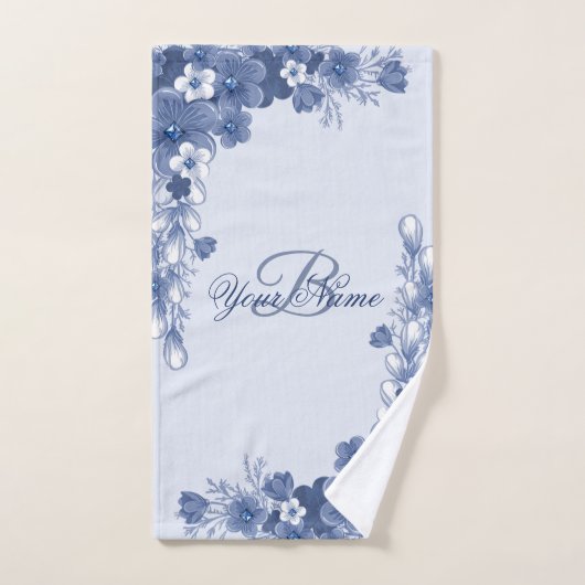 Monogram Name Gift Floral Blue Elegante Rustikal Handtuch (Handtuch)