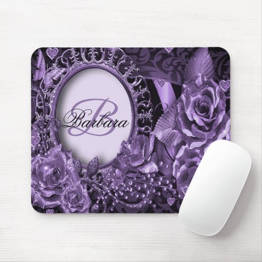 Monogram Name Gift Lila Floral Elegante Moderne Mousepad (Mit Mouse)