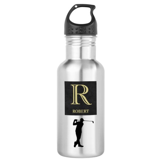 Monogram Name Gold Black Golfer Edelstahlflasche (Vorderseite)