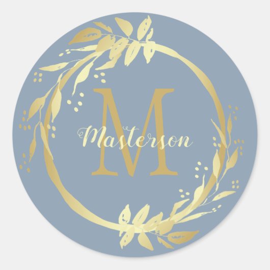 Monogram Name Gold Dusty Blue Weihnachtsfeier Runder Aufkleber (Vorderseite)