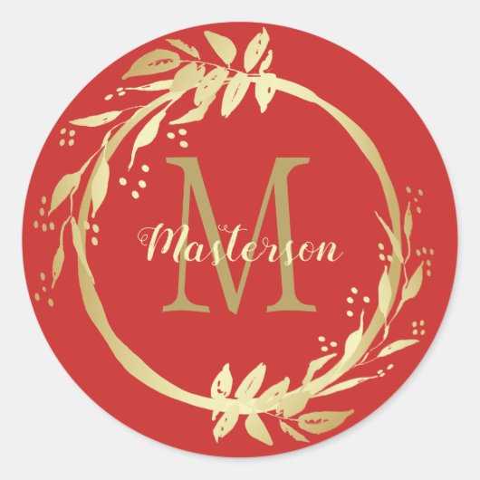 Monogram Name Gold Red Christmas Wedge Runder Aufkleber (Vorderseite)