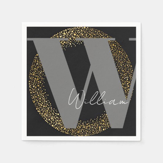 Monogram-Name Gold schwarz grau stylisch Serviette (Vorderseite)