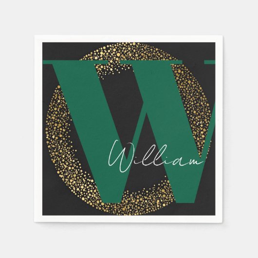Monogram-Name Gold schwarz grün stylisch Serviette (Vorderseite)
