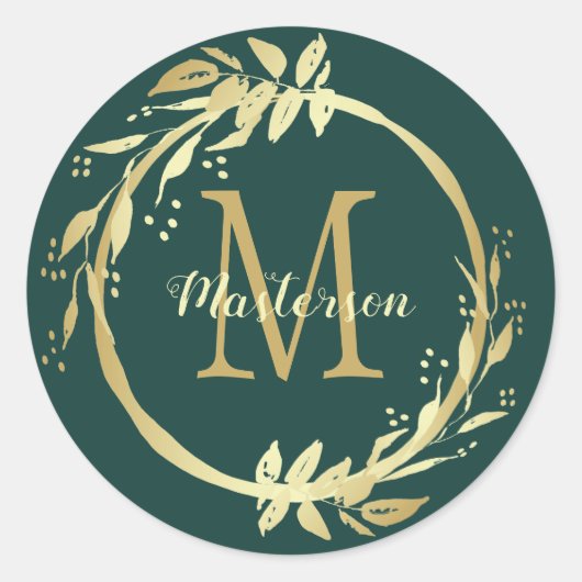 Monogram Name Gold Smarald Green Weihnachtskranz Runder Aufkleber (Vorderseite)
