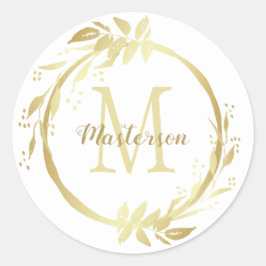 Monogram Name Gold White Christmas Wreath Classic Runder Aufkleber