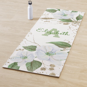 Monogram Name Gold White Watercolor Blumenzettel Yogamatte