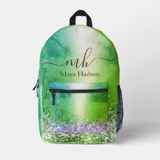 Monogram Name Green Metallic Glitzer Bedruckter Rucksack (Vorderseite)