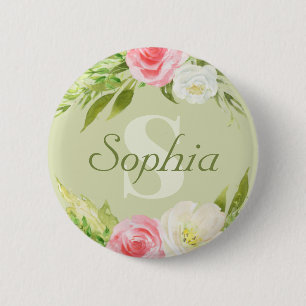 Monogram Name Green Pink Watercolor Floral Button