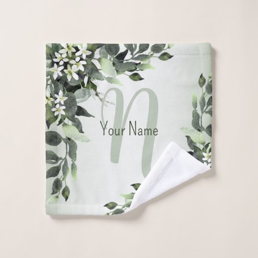 Monogram Name Greenery Floral Eukalyptus Blätter Badhandtuch Set (Waschlappen)