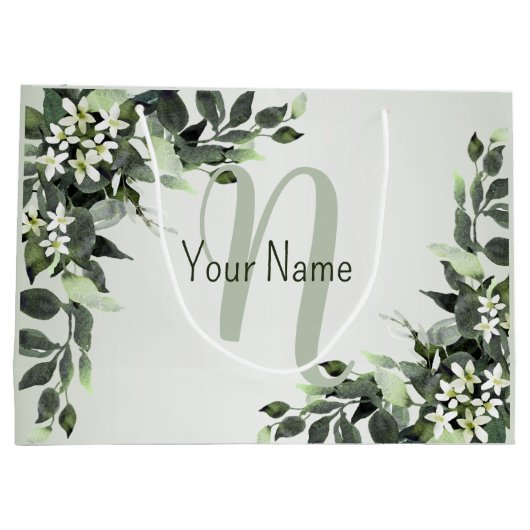 Monogram Name Greenery Floral Eukalyptus Blätter Große Geschenktüte (Rückseite)