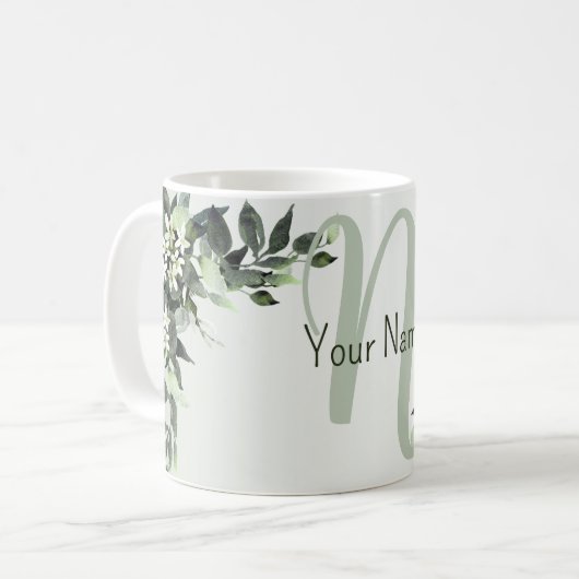 Monogram Name Greenery Floral Eukalyptus Blätter Kaffeetasse (Vorderseite Links)