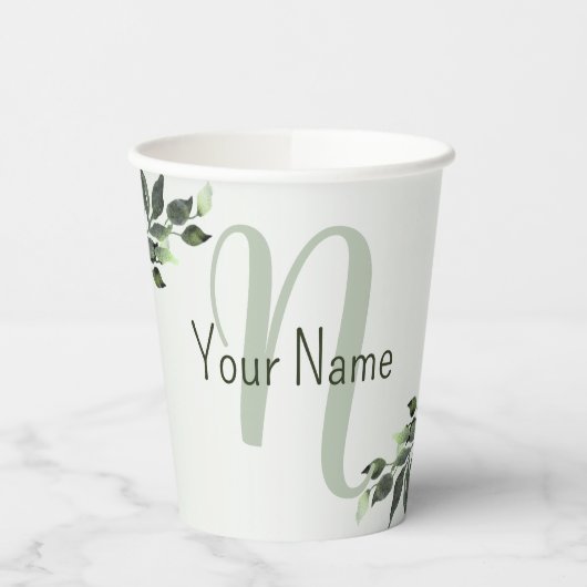 Monogram Name Greenery Floral Eukalyptus Blätter Pappbecher (Links)
