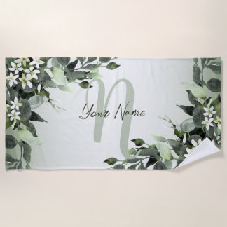 Monogram Name Greenery Floral Eukalyptus Blätter Strandtuch