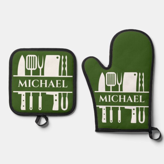 Monogram Name GRILLEN Koch Cook Grilling Ofenhandschuh & Topflappen-Set (Vorderseite)