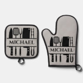 Monogram Name GRILLEN Koch Cook Grilling Ofenhandschuh & Topflappen-Set (Vorderseite)