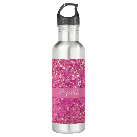 Monogram Name Hot Pink Glitzer Sparkle Girly Glam Edelstahlflasche (Vorderseite)