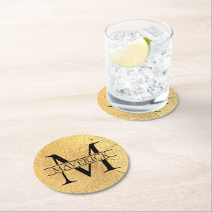 Monogram Name Imitats Natural Wood Texture Runder Pappuntersetzer