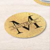 Monogram Name Imitats Natural Wood Texture Runder Pappuntersetzer (Angewinkelt)