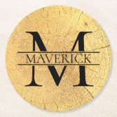 Monogram Name Imitats Natural Wood Texture Runder Pappuntersetzer (Vorderseite)