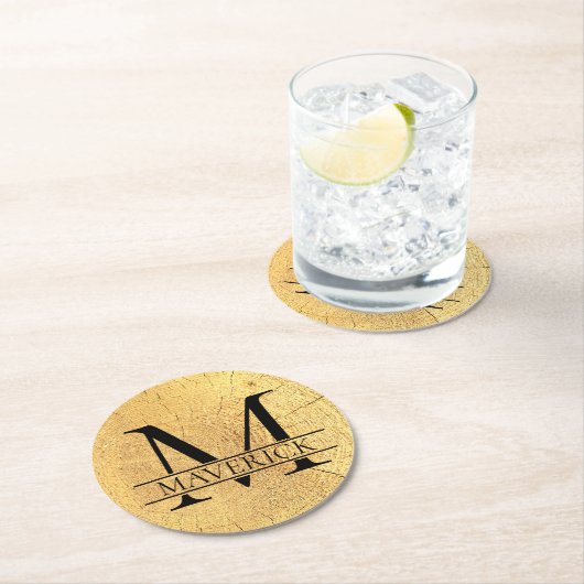 Monogram Name Imitats Natural Wood Texture Runder Pappuntersetzer (Vor Ort)