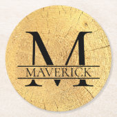 Monogram Name Imitats Natural Wood Texture Runder Pappuntersetzer (Vorderseite)