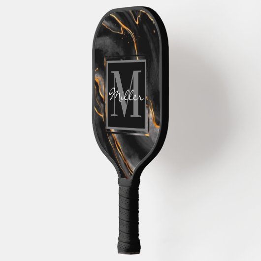Monogram-Name in Schwarz und Gold-Marble benutzerd Pickleball Schläger (Links)