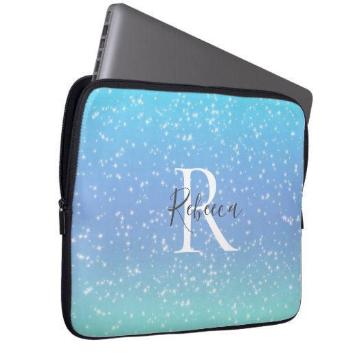 Monogram Name Initial Blue Green Sparkle Girly Laptopschutzhülle (Vorne Rechts)