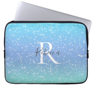 Monogram Name Initial Blue Green Sparkle Girly Laptopschutzhülle