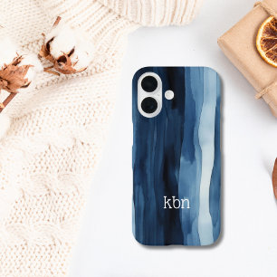 Monogram Name Initial Blue White Watercolor Strip iPhone 16 Hülle