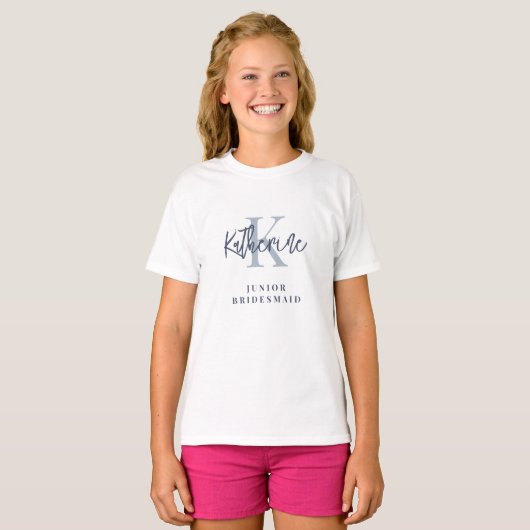 Monogram Name Initial Dusty Blue Junior Bridesmaid T-Shirt (Vorne ganz)